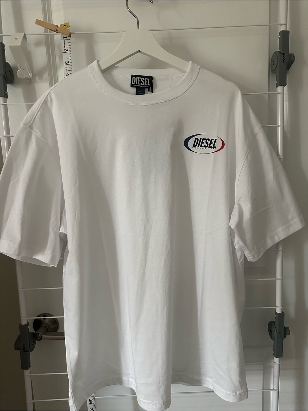 Diesel White Short-Sleeve Tee with Red & Blue Logo Medium